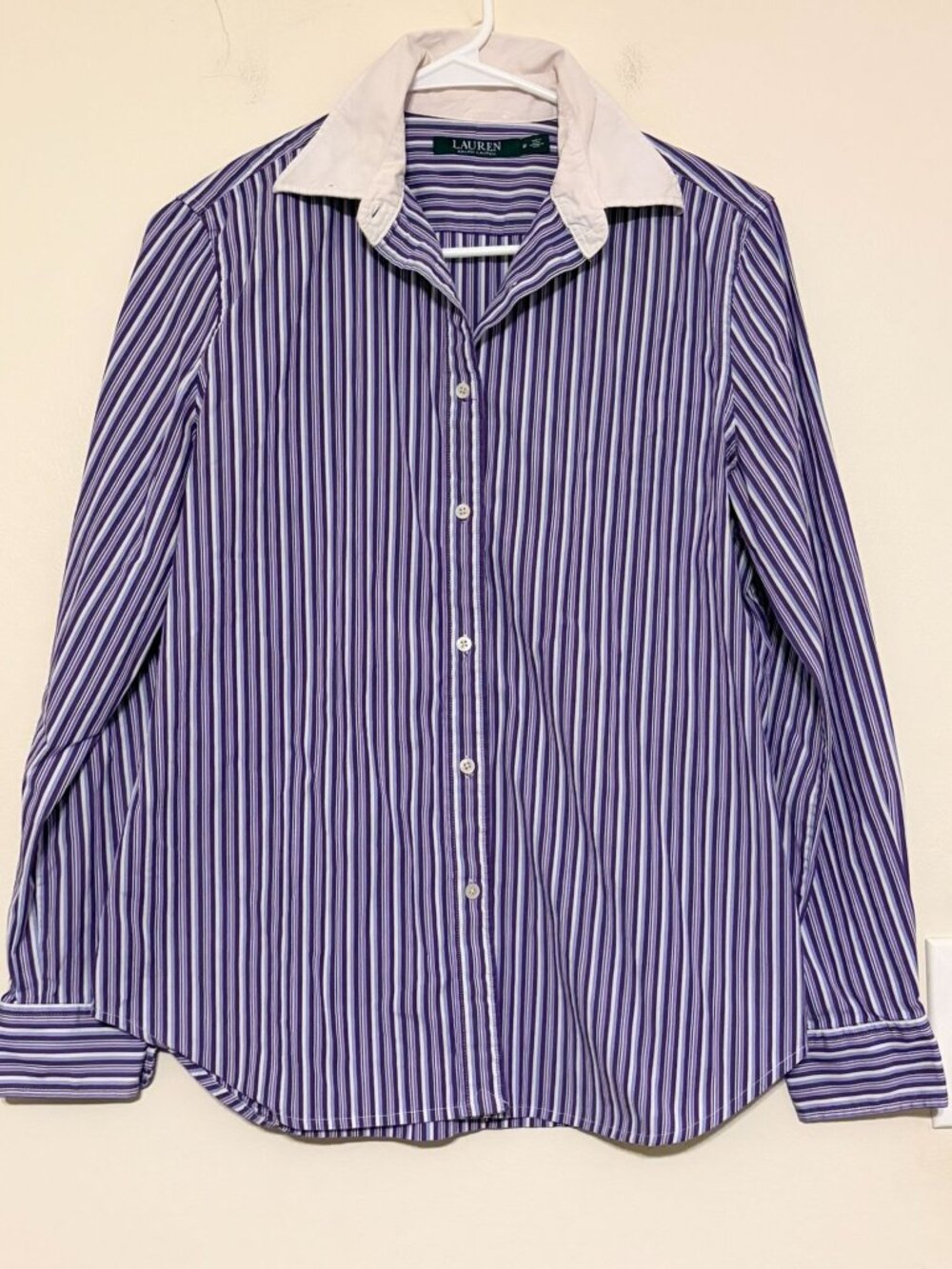 Women's LRL Lauren Ralph Lauren Purple White Striped Button Down Size Medium